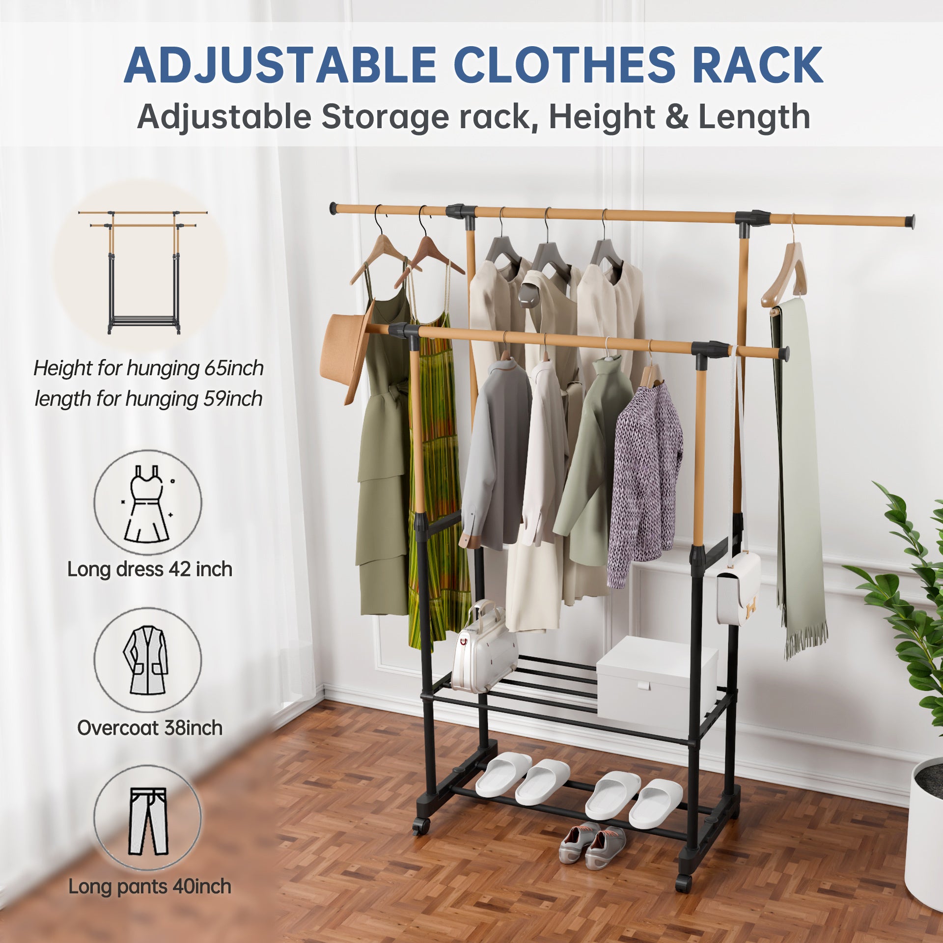 Adjustable rolling clothing rack with shelves by Shopi Vella holding dresses, coats, and shoes