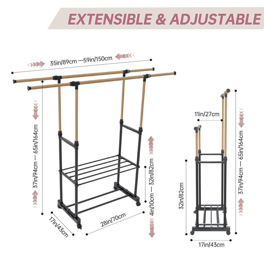 Shopi Vella rolling clothing rack with shelves in black and gold, extensible and adjustable with wheels