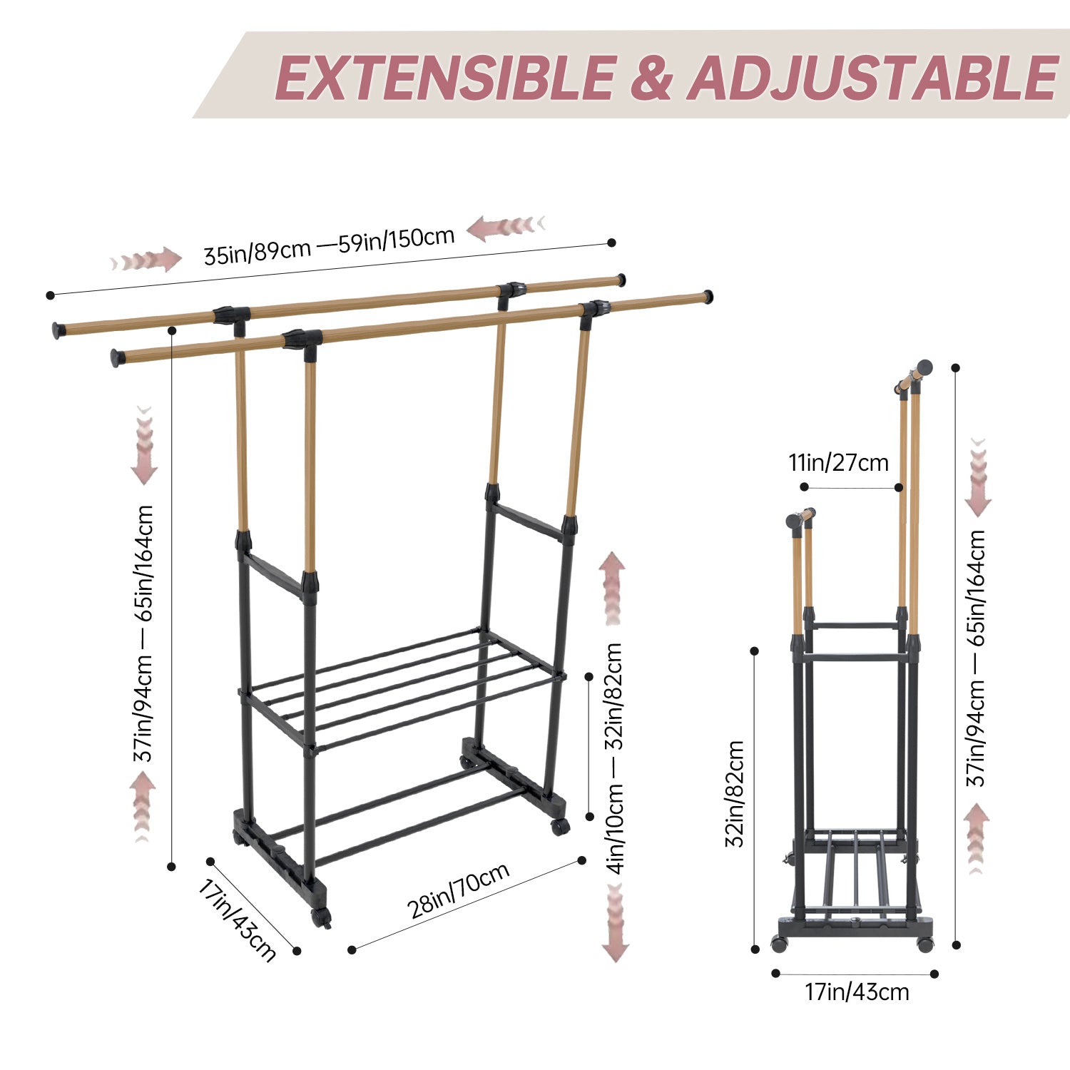 Shopi Vella rolling clothing rack with shelves in black and gold, extensible and adjustable with wheels