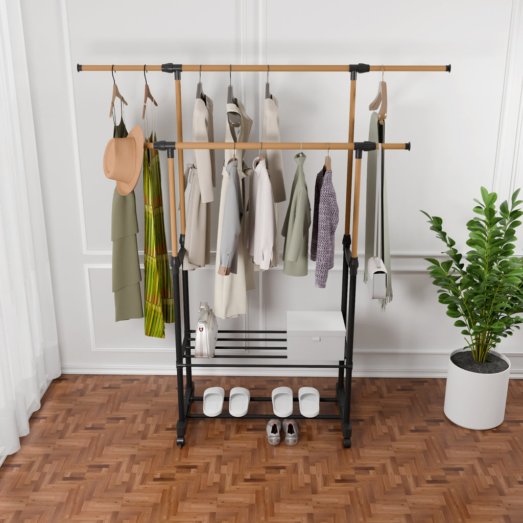 Shopi Vella rolling clothing rack with shelves holding clothes, hats, shoes, and storage boxes in a bedroom