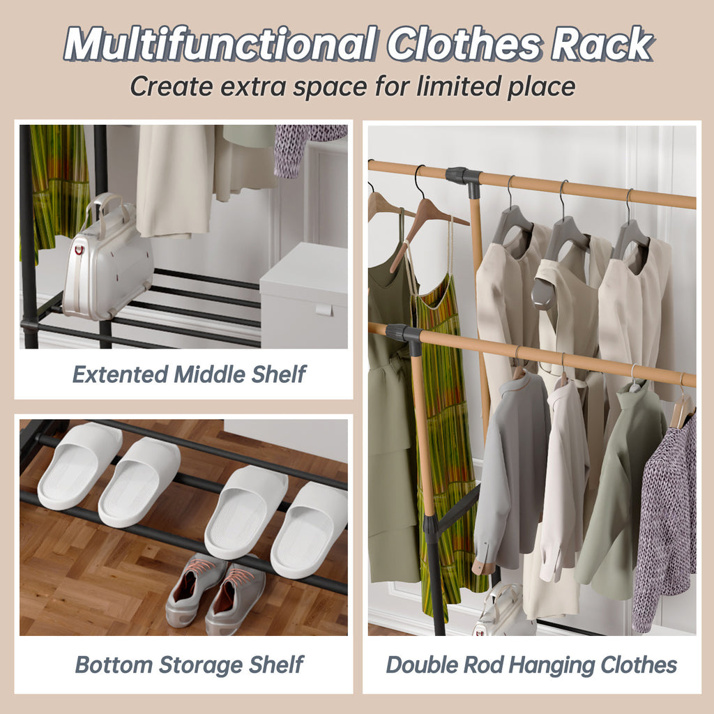 Shopi Vella rolling clothing rack with shelves featuring extended middle shelf double rods and bottom storage shelf