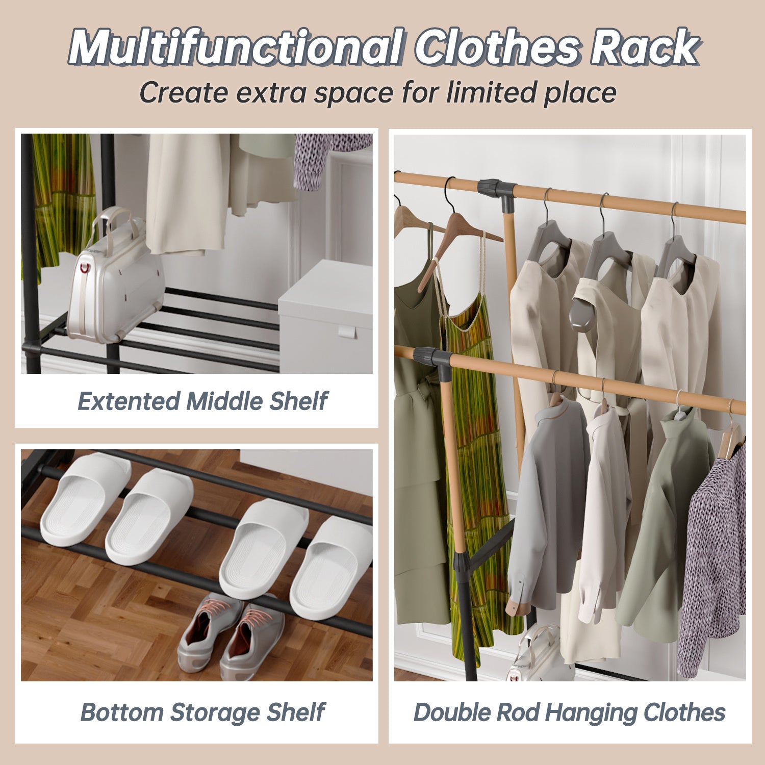 Shopi Vella rolling clothing rack with shelves featuring extended middle shelf double rods and bottom storage shelf