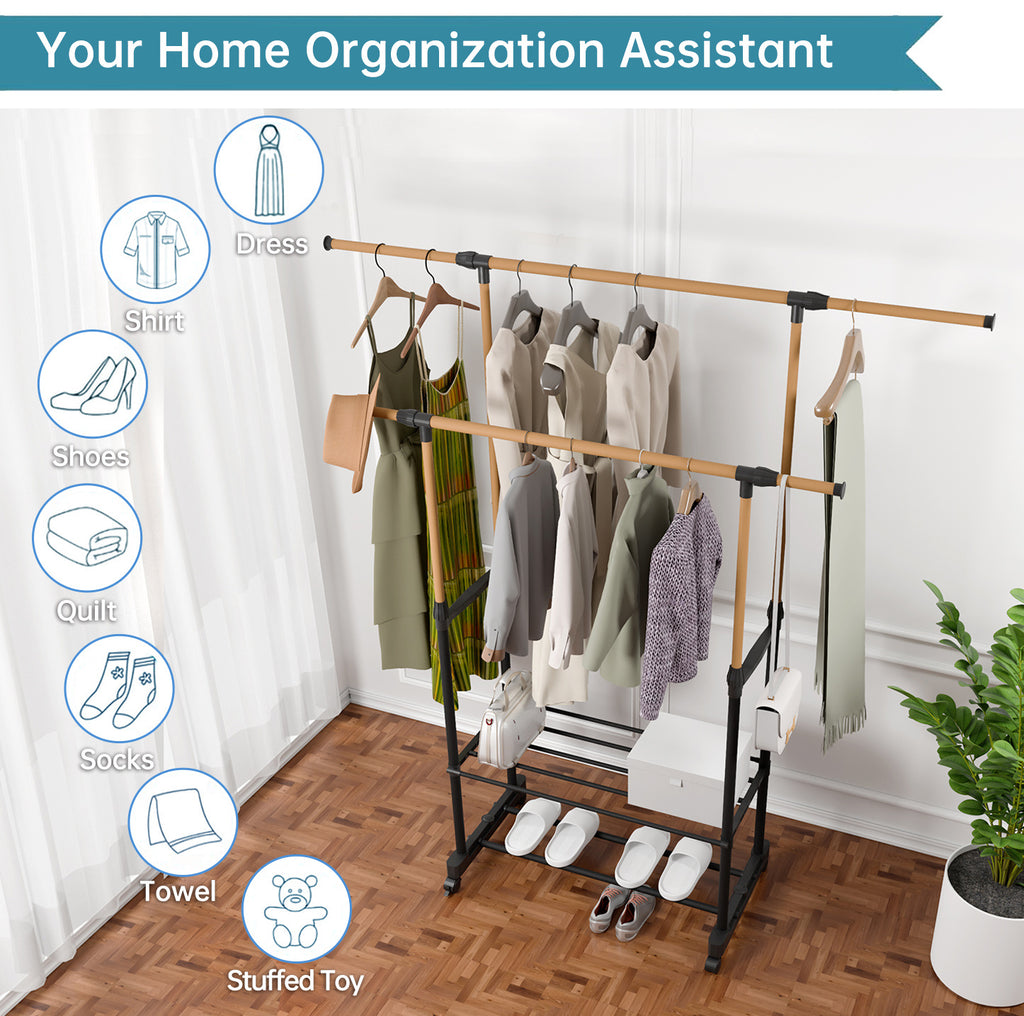 Shopi Vella rolling clothing rack with shelves holding dresses, jackets, shoes, and accessories in a bright room
