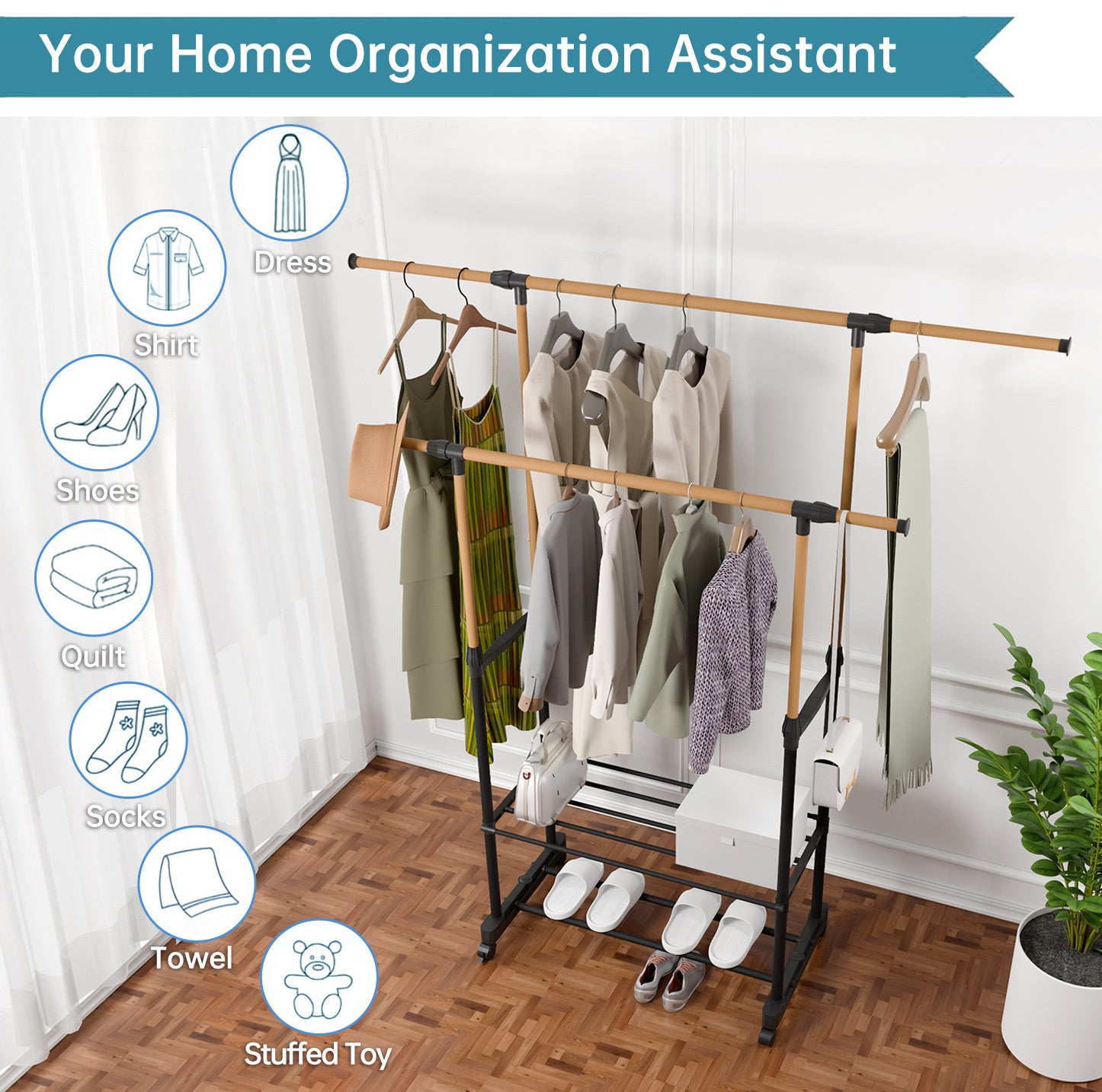 Shopi Vella rolling clothing rack with shelves holding dresses, jackets, shoes, and accessories in a bright room