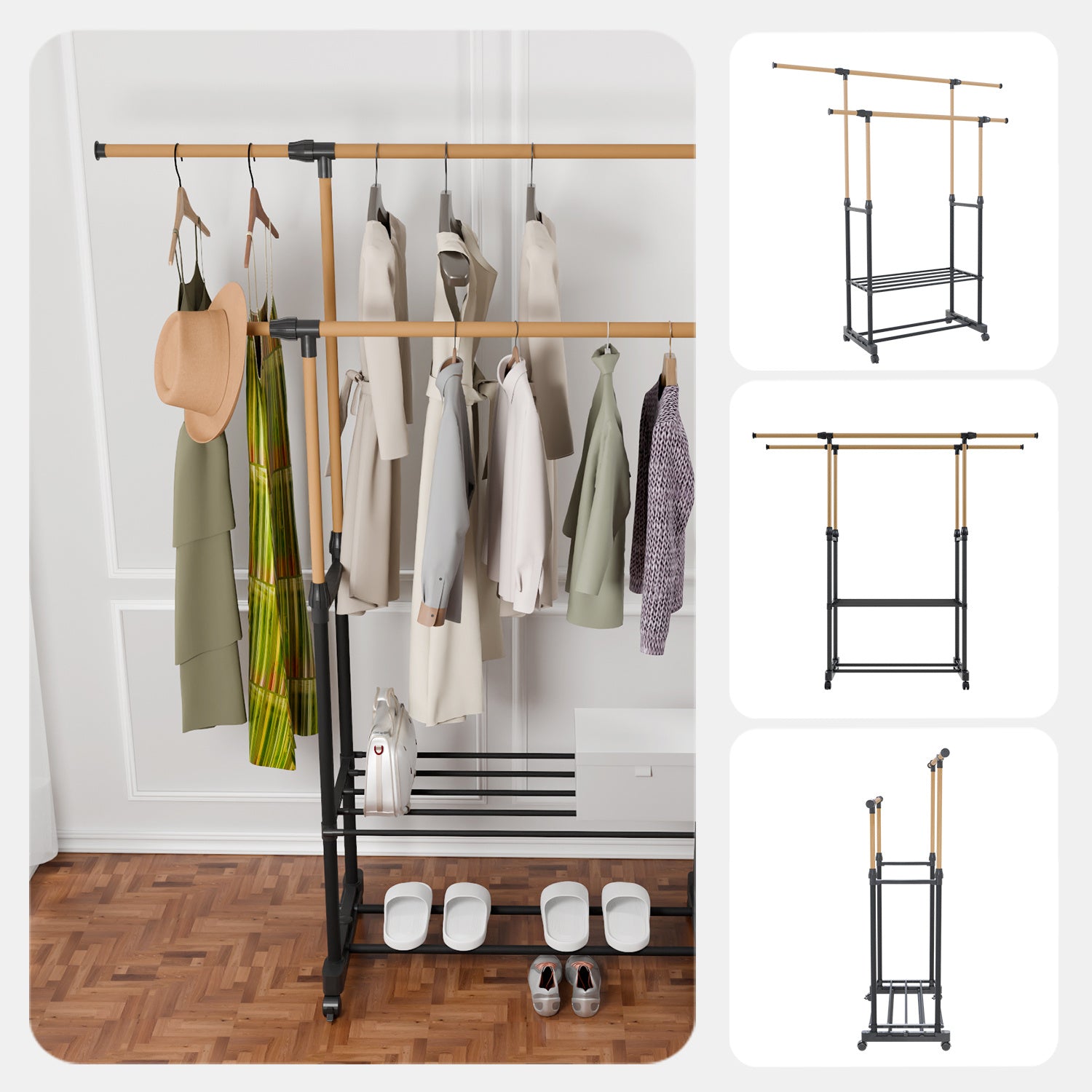 Shopi Vella rolling clothing rack with shelves in black and wood tones holding hanging clothes and shoes