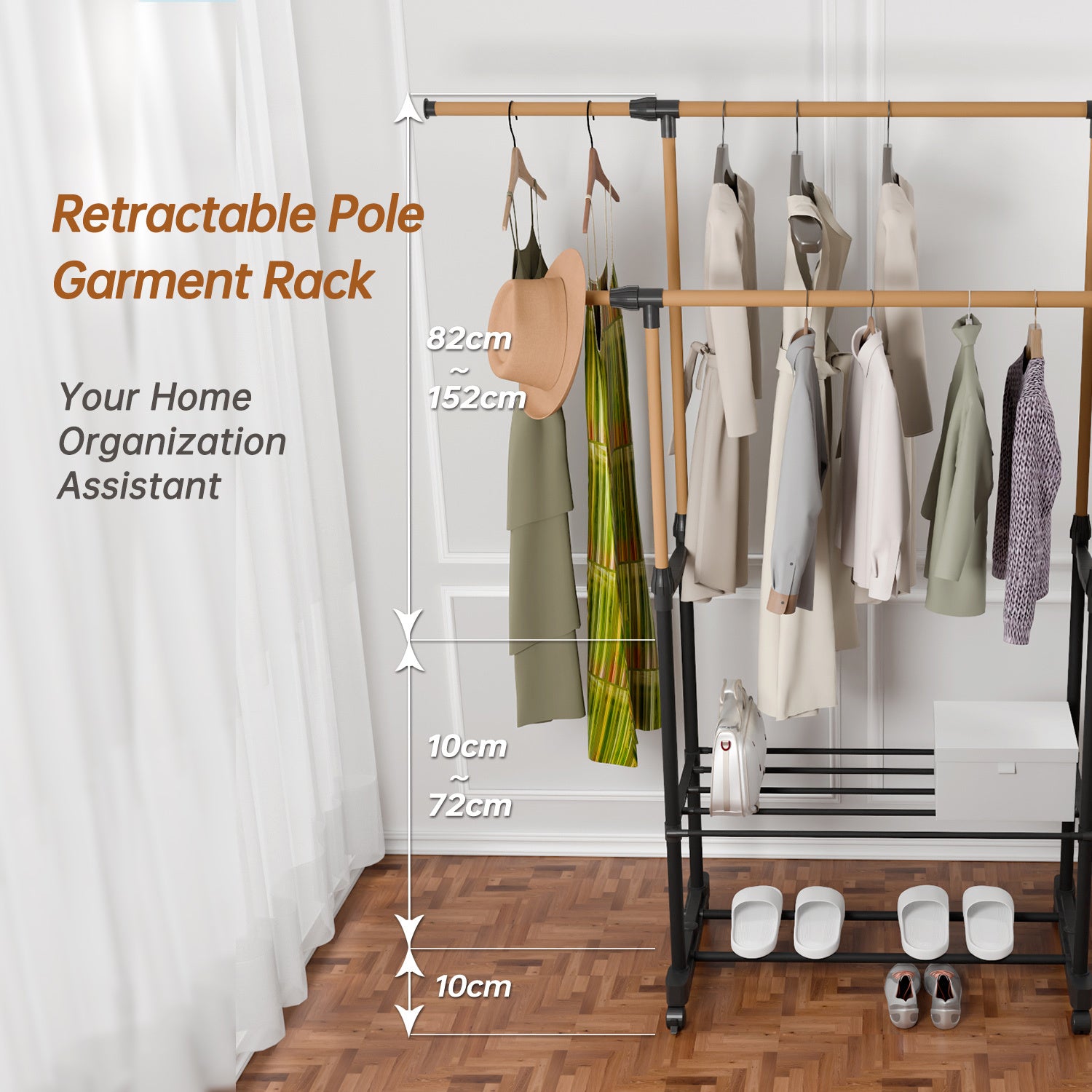 Shopi Vella rolling clothing rack with shelves featuring retractable poles and organized clothes