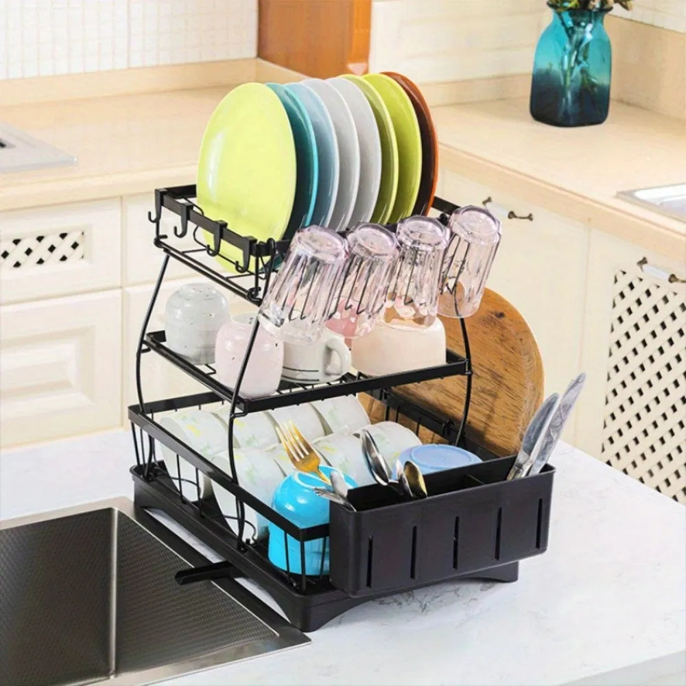 Shopi Vella rust proof kitchen dish drainer with multiple tiers holding plates, cups, and utensils
