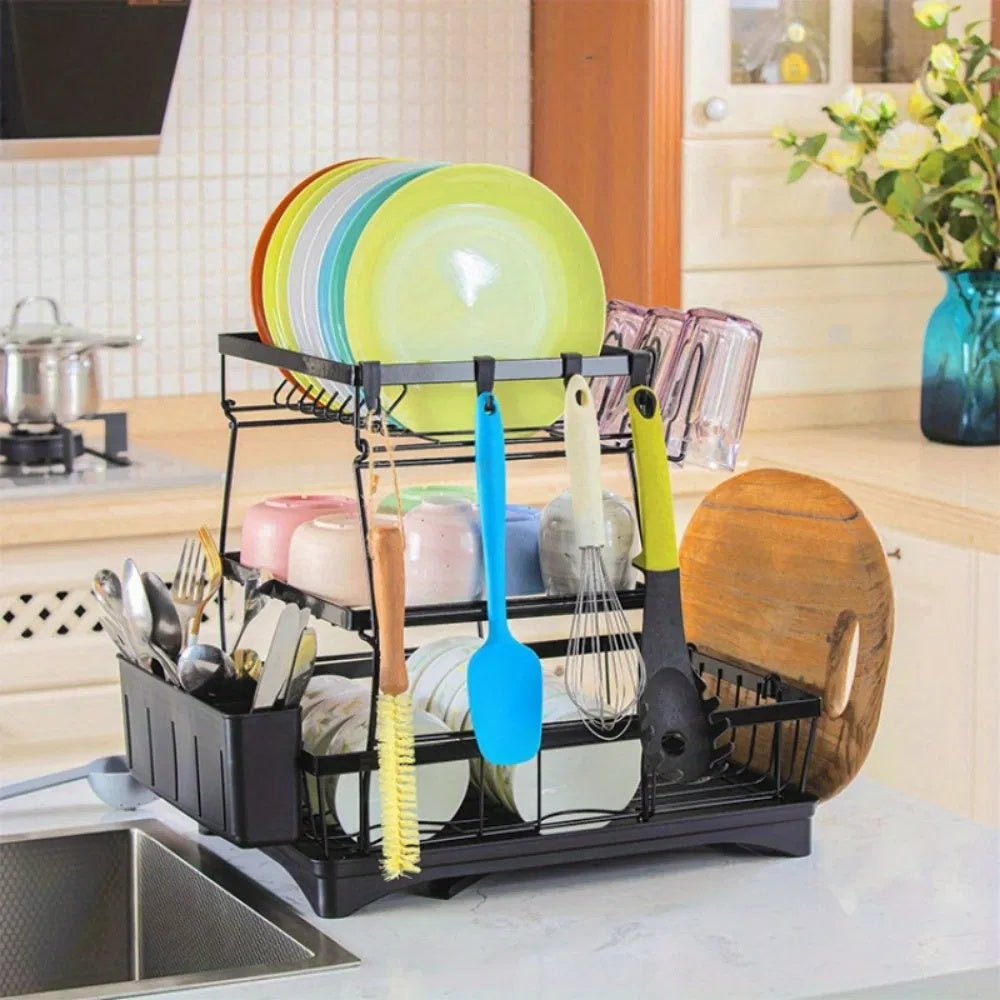 Shopi Vella rust proof kitchen dish drainer with multiple tiers holding plates cups and utensils