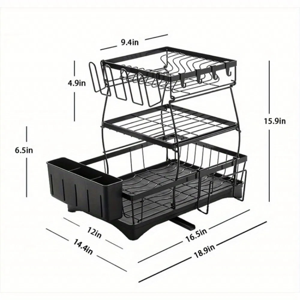 Shopi Vella rust proof kitchen dish drainer with three-tier black metal rack and utensil holder