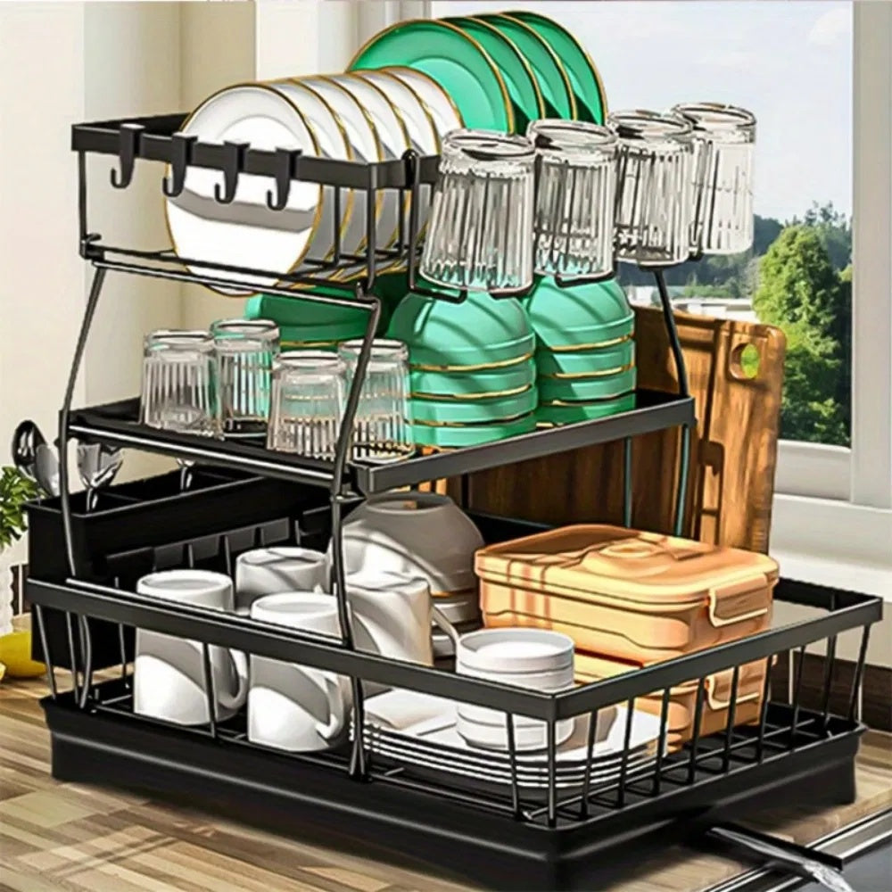 Shopi Vella rust proof kitchen dish drainer in black metal with two tiers holding plates cups and containers