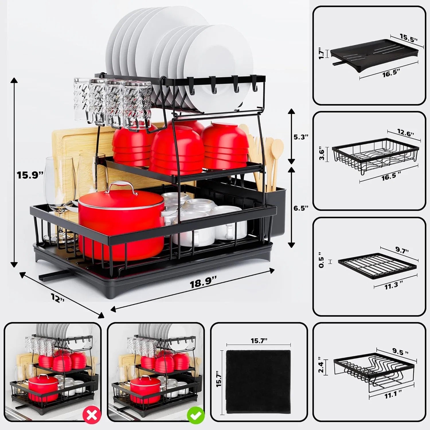 Shopi Vella rust proof kitchen dish drainer with multi-tier storage for plates pots and utensils