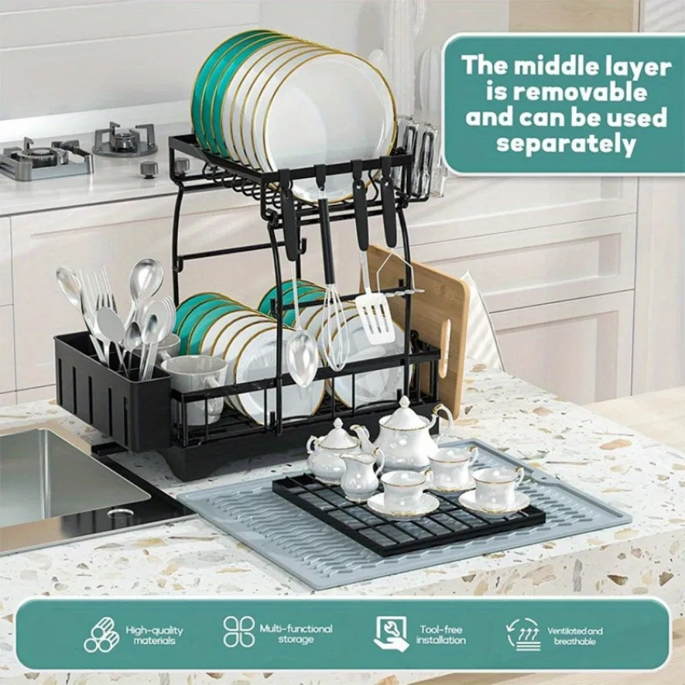Shopi Vella black rust proof kitchen dish drainer with removable middle layer and multi-functional storage