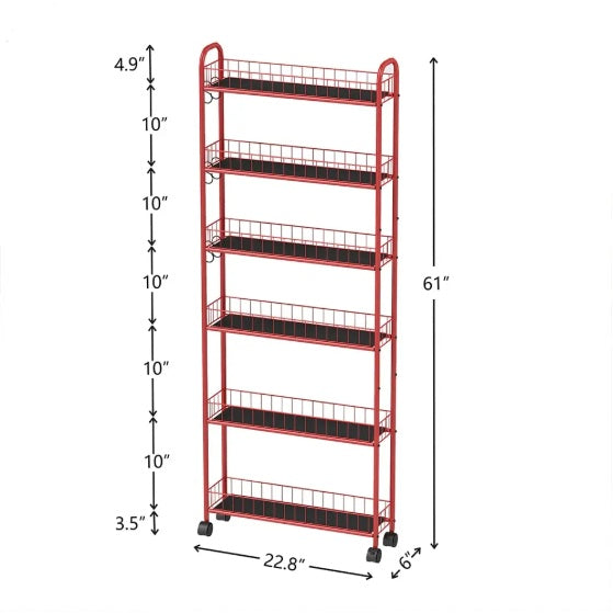 Shopi Vella red slim rolling kitchen storage cart with six wire shelves and caster wheels