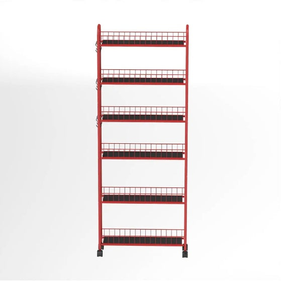 Shopi Vella slim rolling kitchen storage cart with six red wire shelves and black base supports