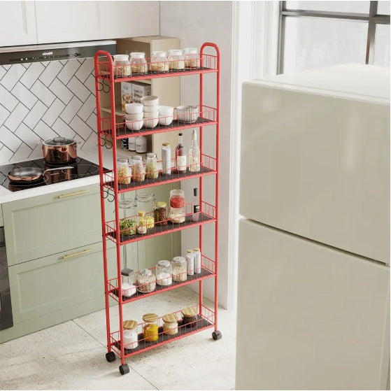 Shopi Vella red slim rolling kitchen storage cart with five shelves holding jars and kitchen essentials