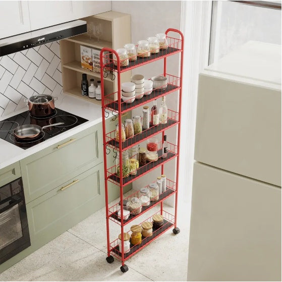 Shopi Vella slim rolling kitchen storage cart in red holding jars and kitchen essentials