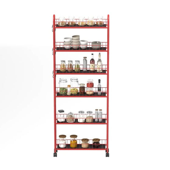 Shopi Vella slim rolling kitchen storage cart in red with six shelves holding jars and bottles