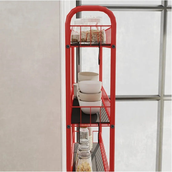 Red slim rolling kitchen storage cart with multiple shelves holding bowls and jars for kitchen organization