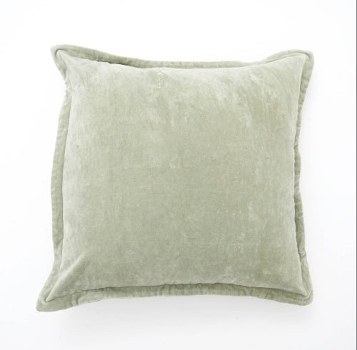 Shopi Vella solid throw pillow with flange in soft light green velvet pillow case
