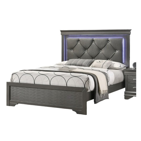 Shopi Vella solid wood LED bedroom furniture bed with tufted headboard and dark finish