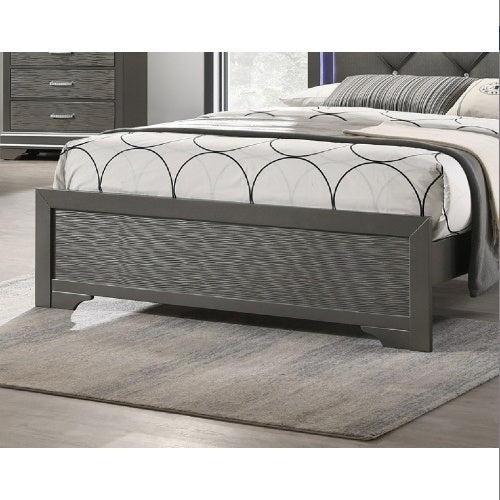 Shopi Vella bed with solid wood LED bedroom furniture design in gray finish on a beige rug