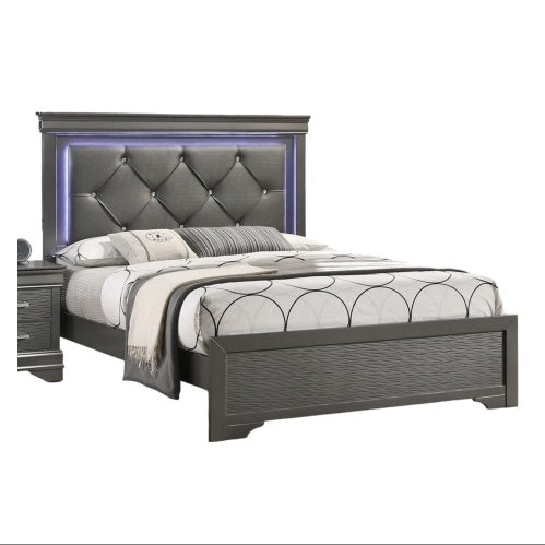 Shopi Vella solid wood LED bedroom furniture grey bed with tufted headboard and modern design