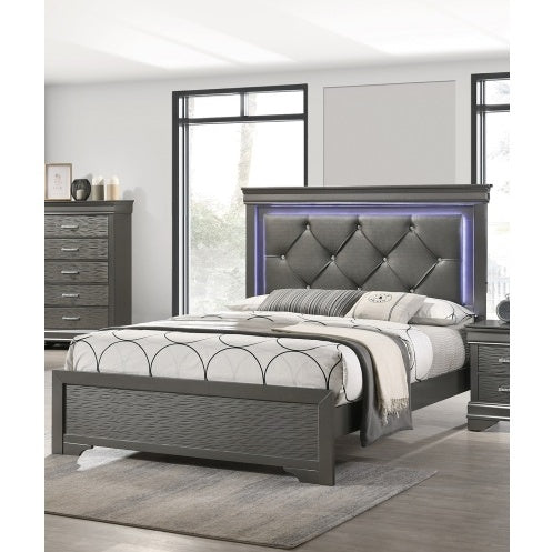 Shopi Vella solid wood LED bedroom furniture bed with tufted headboard and modern gray finish
