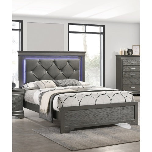 Shopi Vella solid wood LED bedroom furniture bed with tufted upholstered headboard and gray finish