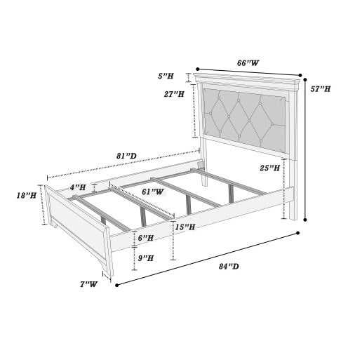 Shopi Vella bed frame with detailed dimensions for solid wood LED bedroom furniture design