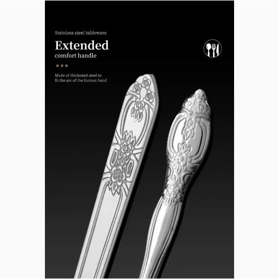 Shopi Vella stainless steel cutlery set with extended comfort handle and floral engraved design