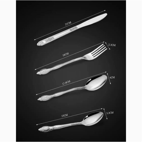 Shopi Vella stainless steel cutlery set with knife fork and spoons showing detailed measurements