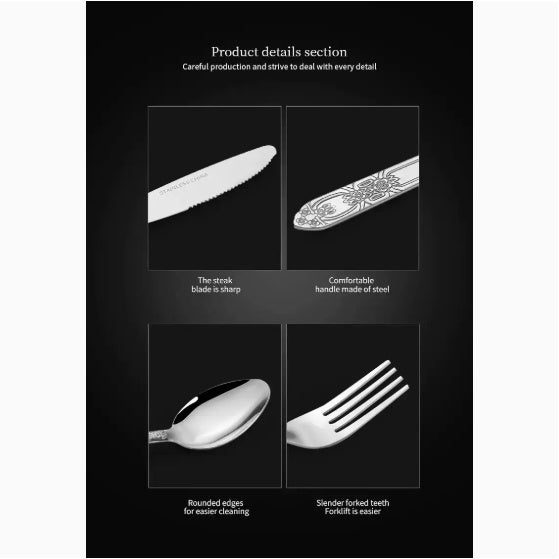 Stainless steel cutlery set including sharp steak knife, engraved handle, rounded spoon, and slender fork