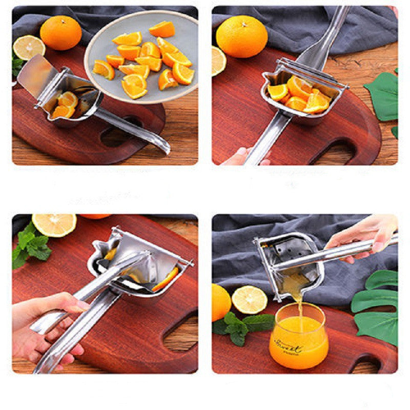 Shopi Vella stainless steel manual juicer squeezing fresh orange juice on wooden cutting board