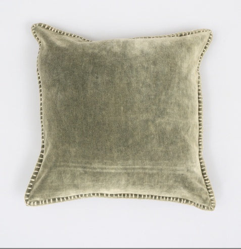 Shopi Vella stonewashed velvet throw pillow in soft muted green with decorative edge stitching