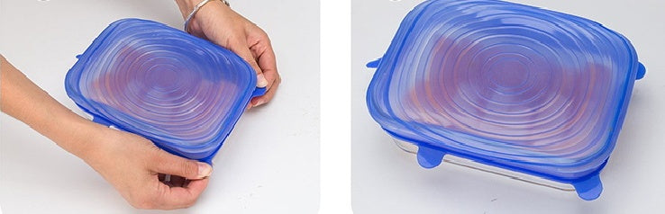 Blue stretch silicone food covers being placed on a square container for airtight kitchen storage