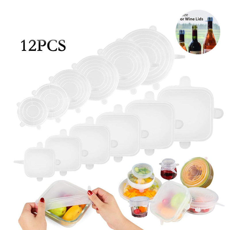 12PCS stretch silicone food covers in various sizes for bowls, fruits, and containers, reusable and flexible