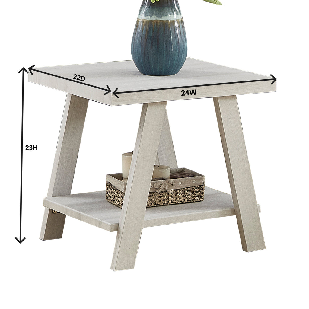 Shopi Vella two tone wooden side table with lower shelf and decorative vase on top