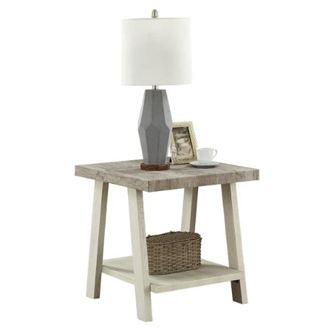 Shopi Vella two tone wooden side table with shelf, gray lamp, photo frame, and cup on top