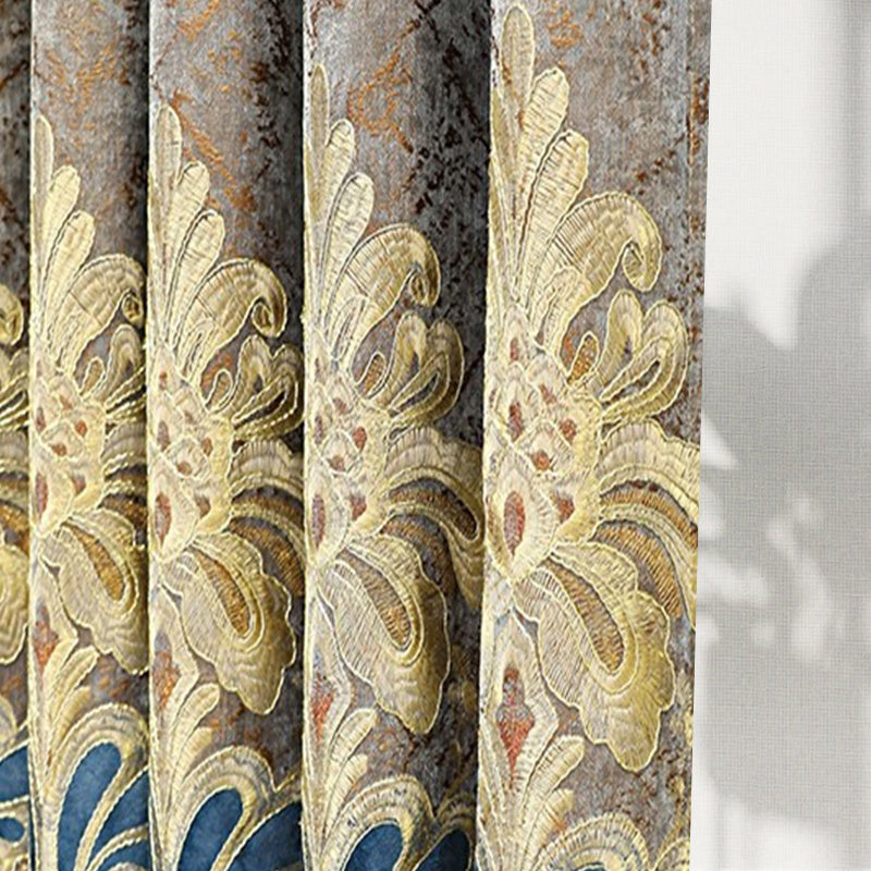 Shopi Vella vintage blackout bedroom curtains with intricate floral embroidery in muted tones