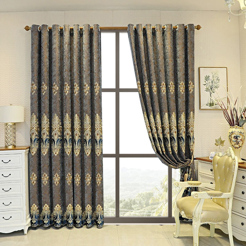 Shopi Vella vintage blackout bedroom curtains in dark gray with intricate gold floral patterns