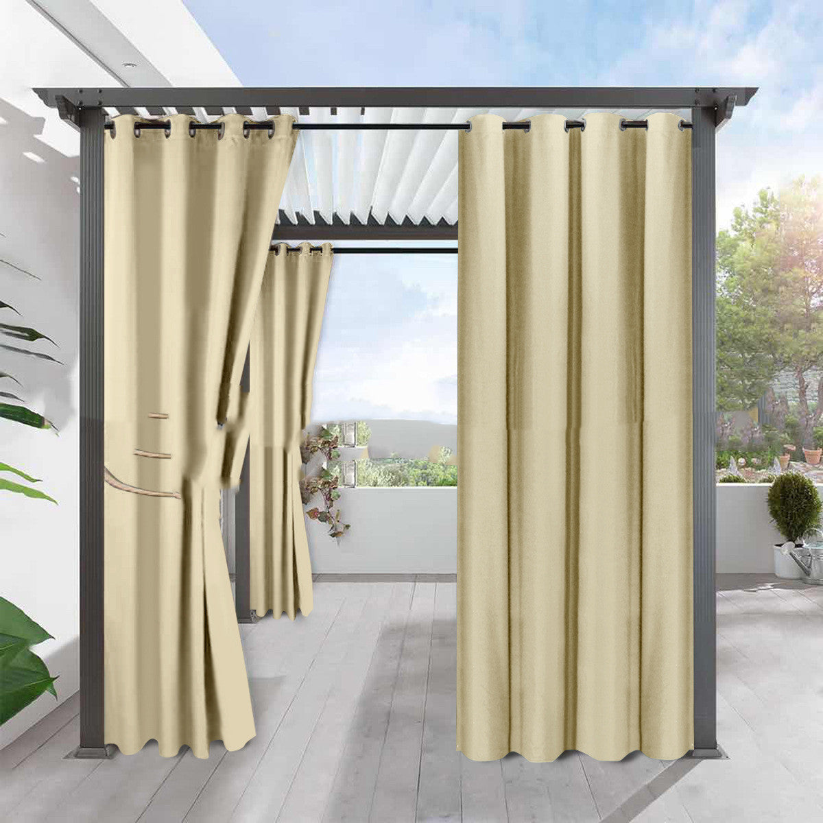 Beige waterproof heat insulation curtain hung on outdoor pergola by Shopi Vella for weather protection