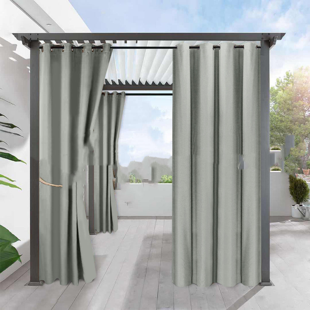 Shopi Vella waterproof heat insulation curtain in gray hanging on outdoor pergola for weather protection