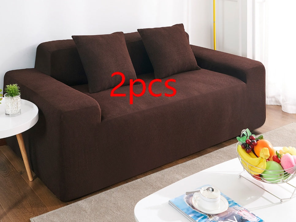 Shopi Vella waterproof sofa slipcover in dark brown covering two-seat sofa with matching cushions