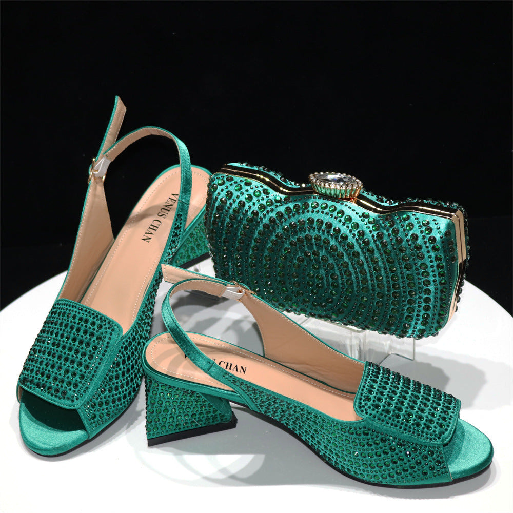 Shopi Vella women's peep toe slippers with rhinestones in teal green with block heels