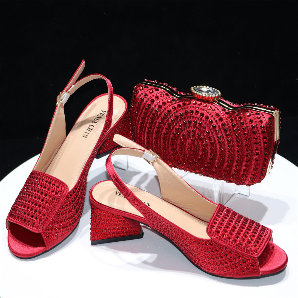 Shopi Vella women's peep toe slippers with rhinestones in vibrant red with block heels
