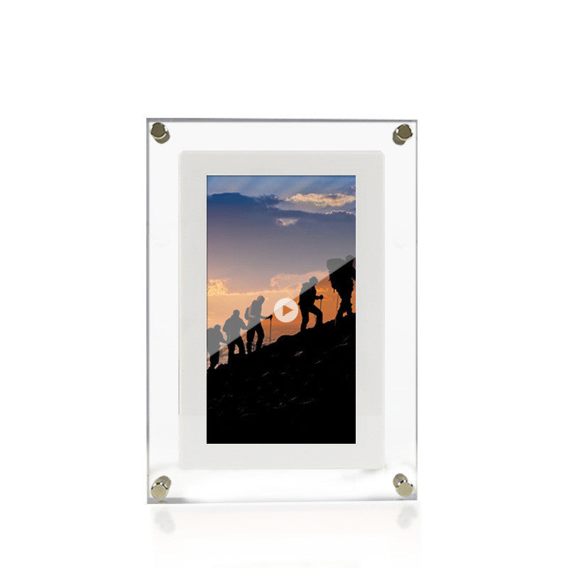 Shopi Vella vertical digital photo frame with battery displaying a hiking silhouette at sunset