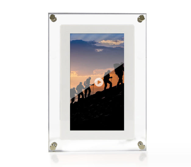 Shopi Vella vertical digital photo frame with battery displaying sunset hiking silhouette