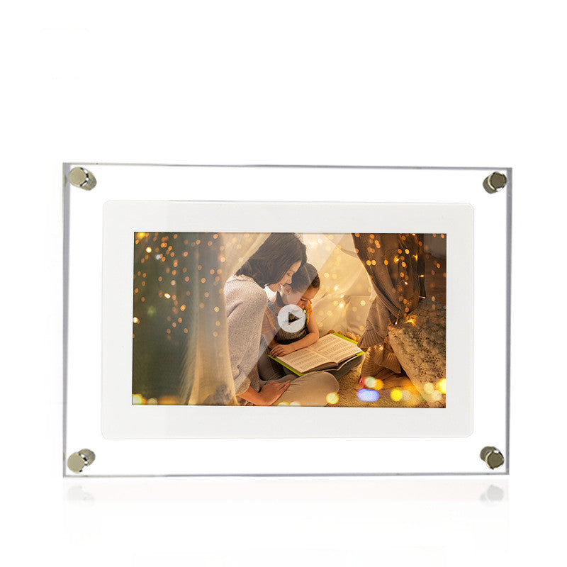 Shopi Vella vertical digital photo frame with battery displaying a cozy family reading scene