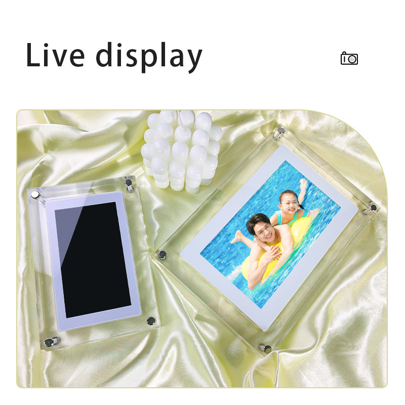 Shopi Vella vertical digital photo frame with battery displaying family photo on satin fabric