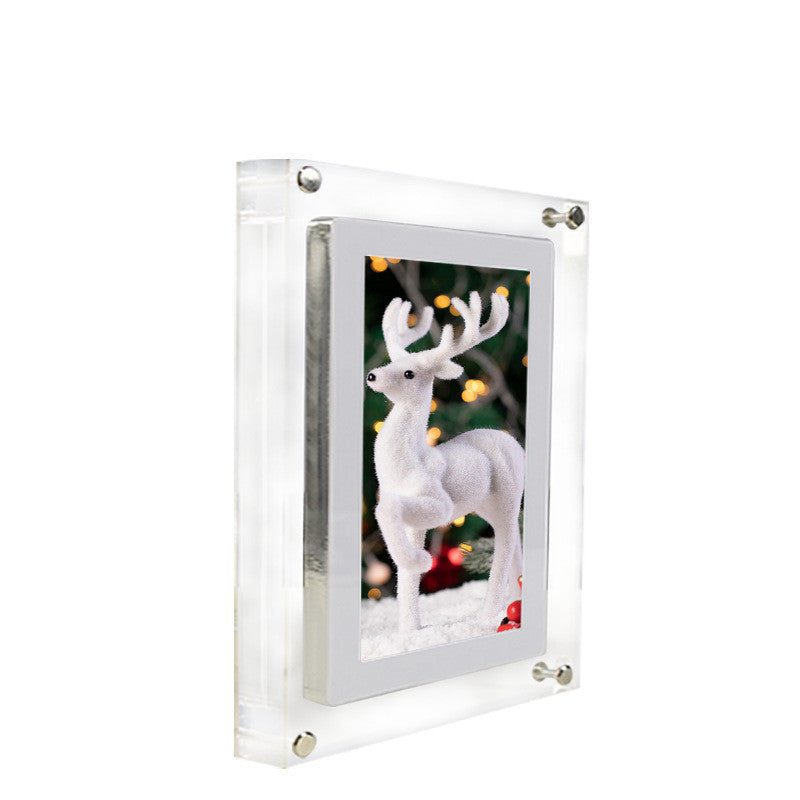 Shopi Vella vertical digital photo frame with battery displaying a white reindeer holiday image